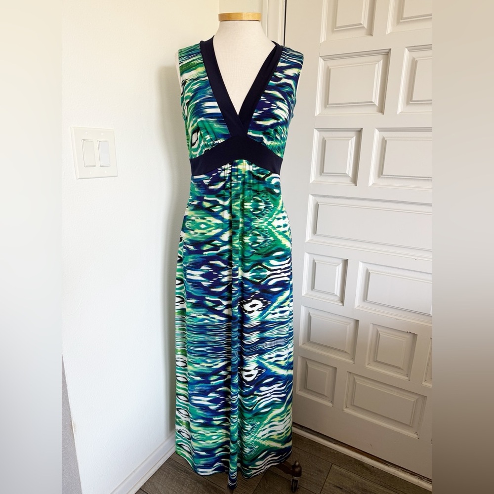 Enfocus Studio Maxi Dress Vibrant Green Blue White V-Neck Sleeveless Size 10